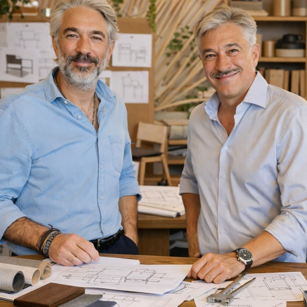 Diseñadores con planos en el estudio